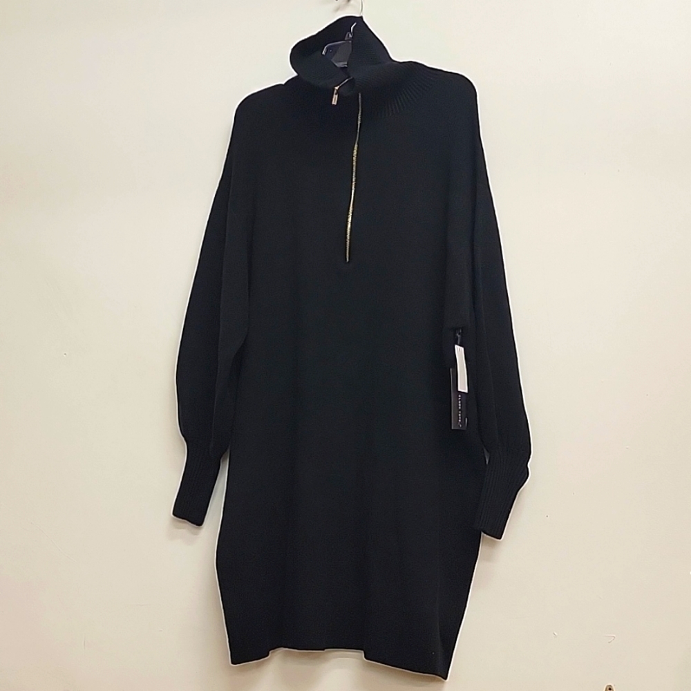 Black Tape Sweater Dress Puff Sleeve Zipper Neck Cowl 2x NWT